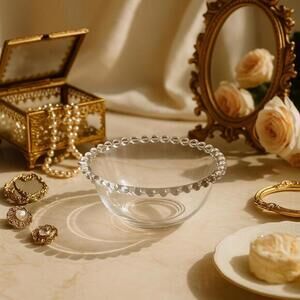 Vintage Candlewick Glass Bowl Beaded Rim Clear Serving Dish 1940s